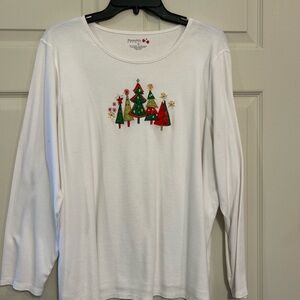 Hanes White Long Sleeve Shirt with Festive Tree Design